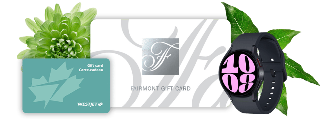 telus website prize image Grand Prize: (1 Winner) Fairmont Hotel Gift Voucher ($2500 CAD) Gift voucher for a luxury stay at any Fairmont Hotel worldwide Secondary Prize: (4 Winners) Samsung Galaxy Watch6 (~$660 CAD each) Stylish smart tech for everyday wellness Tertiary Prize: (20 Winners) WestJet Gift Card ($250 CAD each) Travel Canada with a WestJet gift card